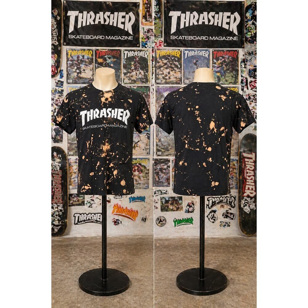Thrasher Bleach Splatter Distressed Tee Black Skate XS Grunge